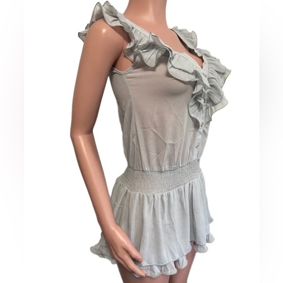 Grey Button-Up Ruffled Smocked Semi-sheer Tunic - Picture 2 of 7
